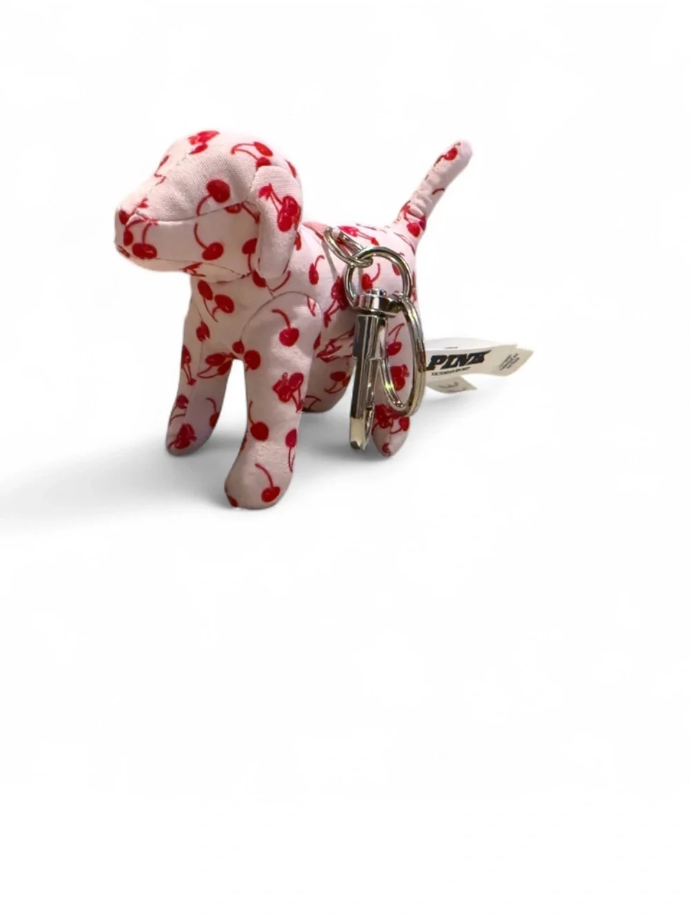 PINK Victoria's Secret Pink Dog Keychain with Red Cherry Print